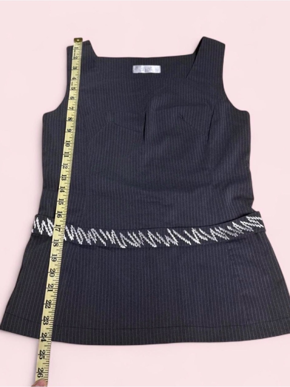 Black Pinstripe Sleeveless Tunic Top with Zigzag Trim